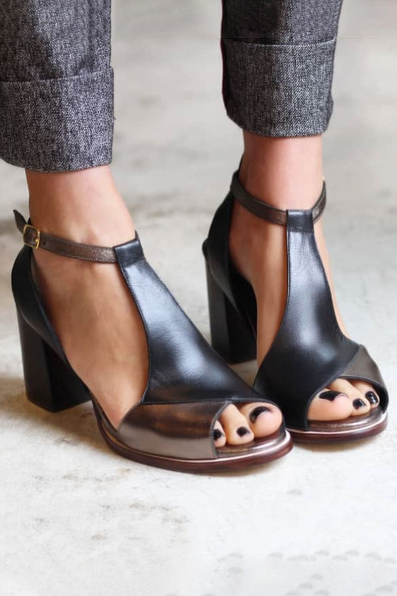 Nadaria | Črne peep toe sandale s patchwork vzorcem in peto
