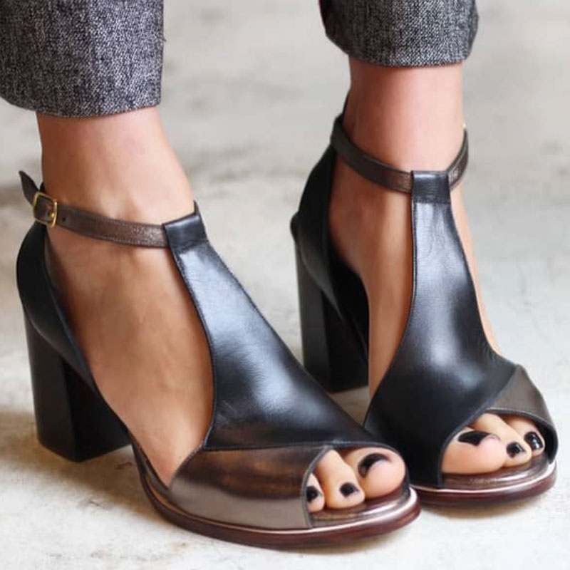 Nadaria | Črne peep toe sandale s patchwork vzorcem in peto